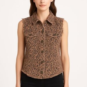 English Rose Beaded Leopard Print/ Pink Vest Top Button Front Cotton  Size S/M